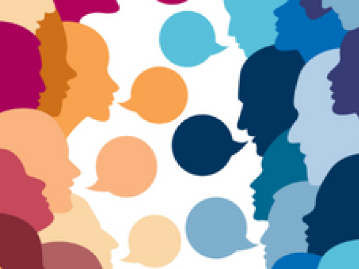 Stylized faces of people looking at each other with thought bubbles in-between.