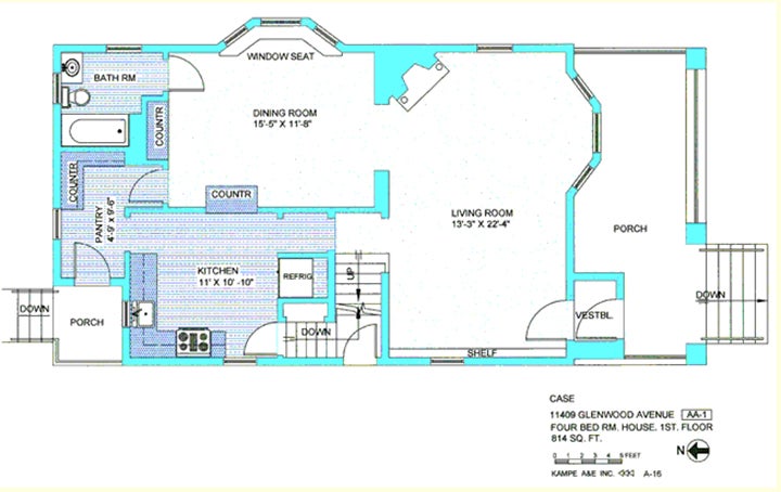 Floor plan in blue and purple including dining room, 15, 5 by 11, 8, window seat, living room, 13, 3 by 22, 4, two porches, vestibule, three down stairs, shelf, kitchen, 11 by 10, 10, three counters, refrigerator and bathroom, with text case 11409 Glenwood Ave, 1st floor, four bedroom house, 814 sq ft, N arrow, symbol AA-1