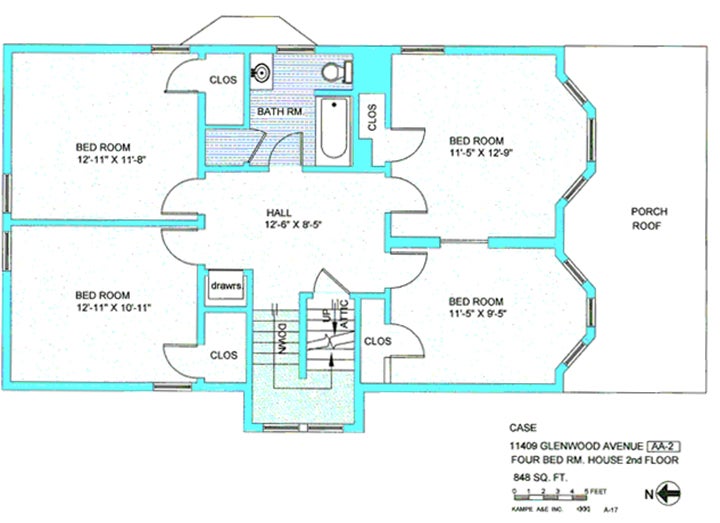Floor plan in light blue and purple including bedroom, 12, 11 by 11, 8, bedroom, 12, 11 by 10, 11, bedroom, 11, 5 by 12, 9, bedroom, 11, 5 by 9, 5, bathroom, porch roof, four closets, down stairs, up attic, drawers, and hall, 12, 6 by 8, 5, with text case 11409 Glenwood Ave, 2nd floor, four bedroom house, 848 sq ft, kampe aae inc, A-17, with N arrow, symbol AA-2