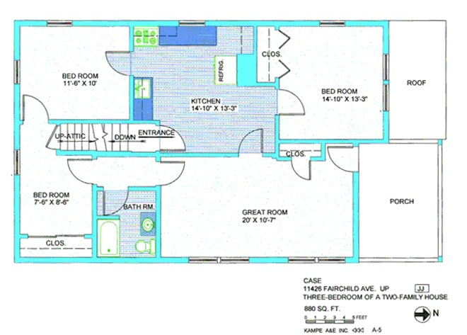 Floor plan in blue and green including bedroom, 11, 6 by 10, bedroom, 14, 10 by 13, 3, bedroom 7, 6 by 8, 6, great room, 20 by 10, 7, porch, three closets, bathroom, kitchen, 14, 10 by 13, 3, refrigerator, attic up stairs, down stairs, roof, with text case 11426 Fairchild Ave up, three bedroom of a two-family house, 880 sq ft, 0,1,2,3,4,5 feet, N arrow, kampe aae inc, A-15, symbol JJ