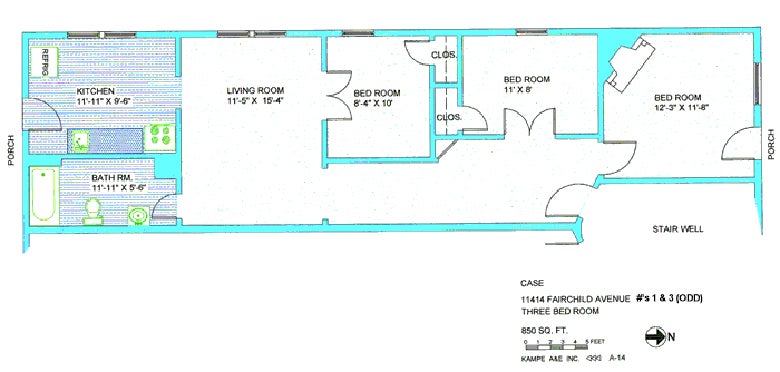 Floor plan in green and blue including bedroom, 8, 4 by 10, bedroom, 11, 8, bedroom, 12, 3 by 11, 8, living room, 11, 5 by 15, 4, stair well, two porches, two closets, bathroom, 11, 11 by 5, 6, kitchen, 11, 11 by 8, 6,refrigerator, with text case 11414 Fairchild Avene #s1 & 3 (ODD), three bedroom, 850 sq ft, 1,2,3,4,5 feet, kampe aae inc A-14, N arrow, kampe aae inc, A-14