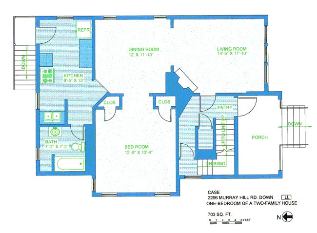 Floor plan in green and blue including dining room, 12 by 11, 10, living room, 14 5 by 11, 10, bedroom, 12, 9 by 13, 4, porch, entry, closets, kitchen, 8, 5 by 13, refrigerator, bath, 7, 2 by 7, 2, down stairs, , basement, with text case 2266 Murray Hill down, one bedroom of a two family house, 700 sq ft, 0,1,2,3,4,5 feet, N arrow, and LL symbol 