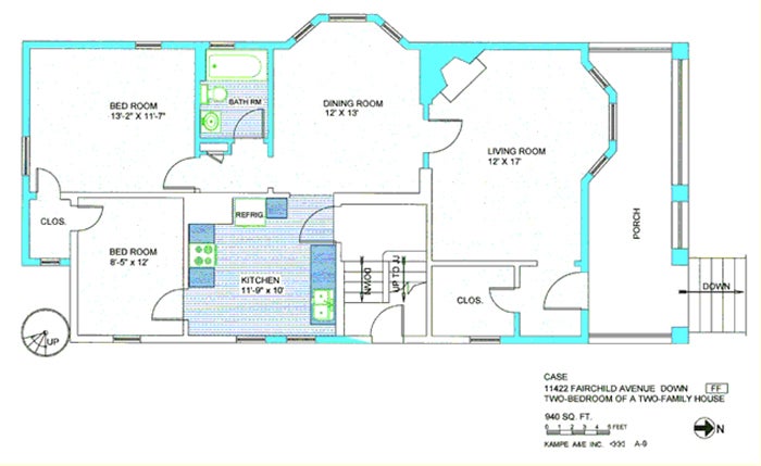 Floor plan in green and blue including bedroom, 13, 2 by 11, 7, bedroom, 8, 5 by 12, dining room, 12 by 13, living room, 12 by 17, porch, downstairs, closet, bathroom, kitchen, 11, 9 by 10, refrigerator, with text case 11422 Fairchild Ave down, two bedroom of a two family house, 940 sq ft, 1,2,3,4,5 feet, kampe aae inc, A-0, N arrow, and FF symbol 
