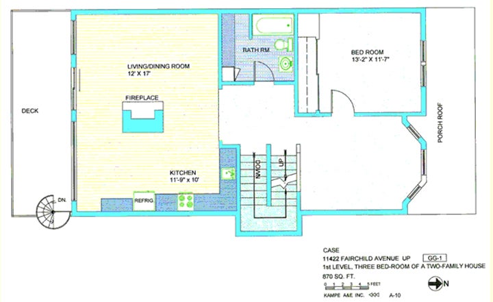 Floor plan in blue, yellow and green including three bedroom, 13, 2 by 11, 7, deck, living/dining room, 12 by 17, fireplace, kitchen 10 by 9 by 10, refrigerator, up and down stairs, spiral stairs, and porch roof with text case 11422 Fairchild Ave up, first level, three bedroom of a two-family house, 870 sq ft, N arrow, kampe aae inc, A-10, symbol GG-1