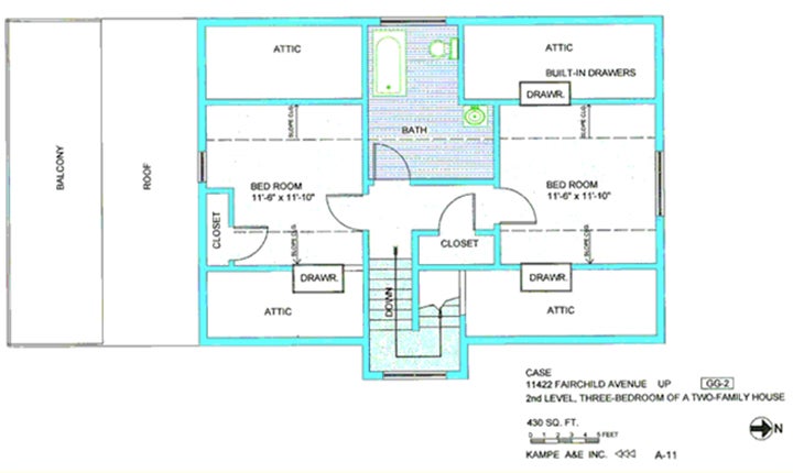 Floor plan in blue and green including two bedrooms, 11,6 by 11, 10, balcony, roof, 4 attics, three with build in drawers, two closets, and down stairs, with text case 11422 Fairchild Ave up, second level, three bedroom of a two-family house, 430 sq ft, N arrow, kampe aae inc, A-11, symbol GG-2