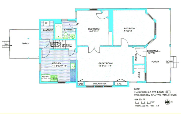 Floor plan in green and blue including porch, laundry, bathroom, kitchen, 11, 8 by 10, 10, refrigerator, great room, bedroom, 14 by 12, bedroom, 10, 8 by 12, great room, 15, 8 by 11, 9, entrance to kk, vestibule, closet, down stairs, downstairs basement, entrance to LL, laundry, washer, two cabinets, window seat, with text case 11426 Fairchild Ave down, two bedroom of a two family house, 834 sq ft, 0,1,2,3,4,5 feet, kampe aae inc, A-6, N arrow, and HH symbol