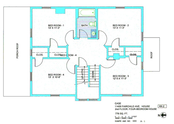 Floor plan in blue and green including three bedrooms, 13 by 11, 3, one bedroom 13 by 10, 8, four closets, porch roof, roof, up stairs, down stairs and bathroom, with text case 11430 Fairchild Ave house, 2nd floor, four bedroom house, 776 sq ft, N arrow, symbol KK-2