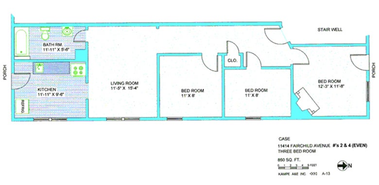 Floor plan in green and blue including two bedrooms, 11 by 8, bedroom, 12, 3 by 11, 8, living room, 11, 5 by 15, 4, stair well, two porches, two closets, bathroom, 11, 11 by 5, 6, kitchen, 11, 11 by 9, 6, refrigerator, with text case 11414 Fairchild Avene #s 2 & 4 (EVEN), three bedroom, 850 sq ft, 1,2,3,4,5 feet, kampe aae inc, A-13, N arrow, A-13
