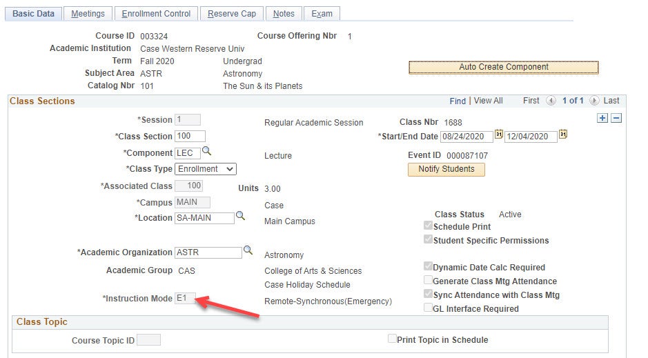 Screen shot of the Basic Data tab in Maintain Schedule of Classes.