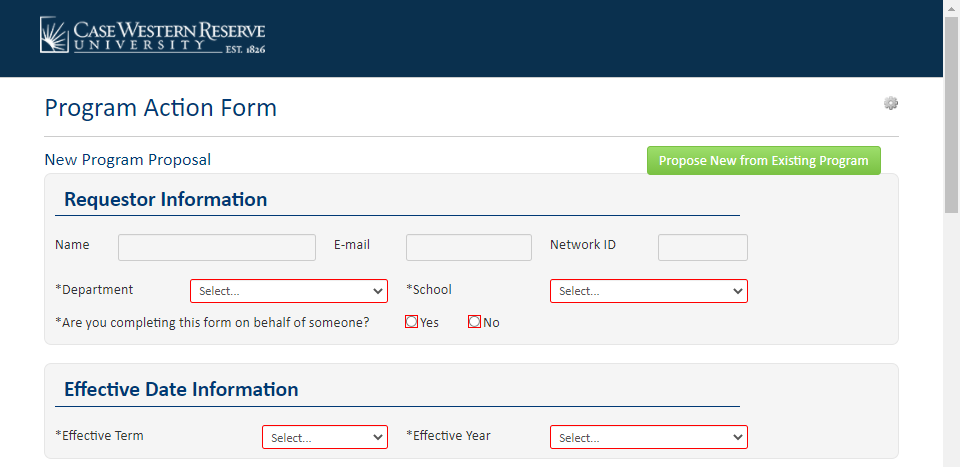 Screenshot of New Program Proposal pop-up window with required fields highlighted in red.