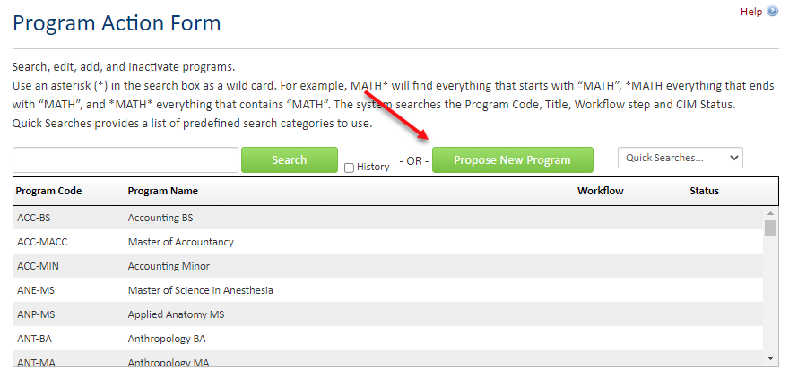 Program Action Form Dashboard. Red arrow pointing at green "Propose New Program" button in the middle of the screen.