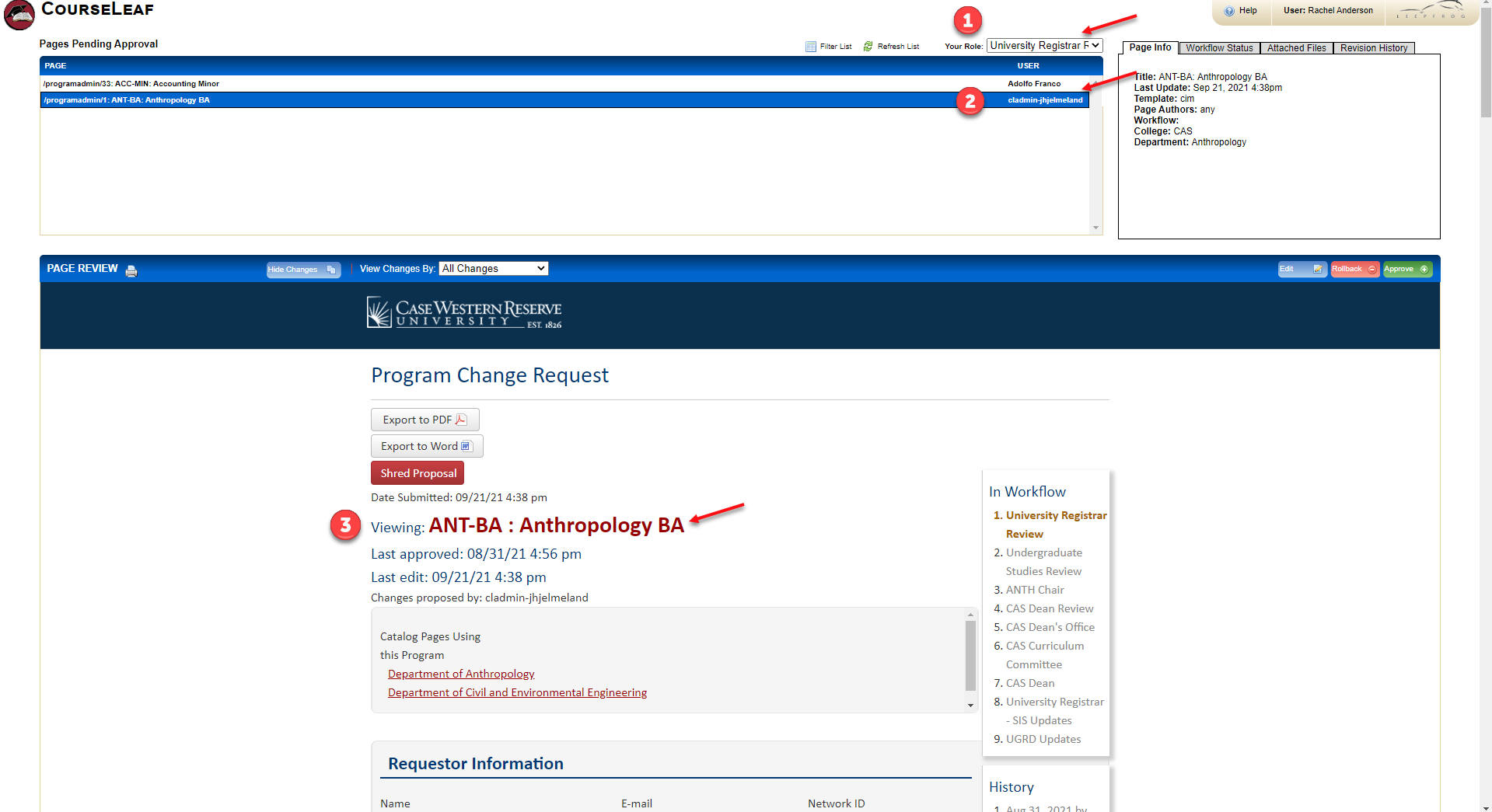 Screenshot of Anthropology BA with red arrows pointing to the "Your Role" drop down, the pages pending approval and the page viewing area.