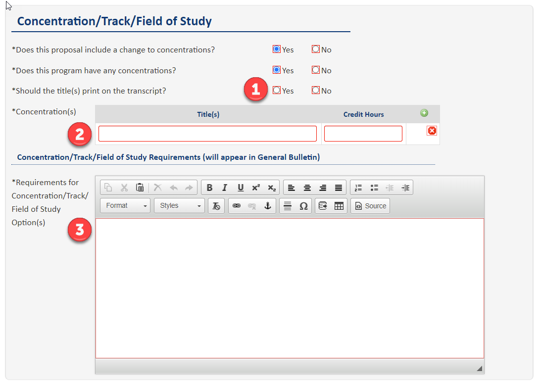 Screenshot of Concentration/Track/Field of Study area of edited PAF with Yes checked for the "Change to concentration" question to display subsequent questions. A red #1 is shown by the question "Should the title(s) print on the transcript?", a red #2 is shown by the form field for "Title(s) and Credit Hours", a red #3 is shown by the large text field for "Requirements for Concentration/Track/Field of Study Option(s)"