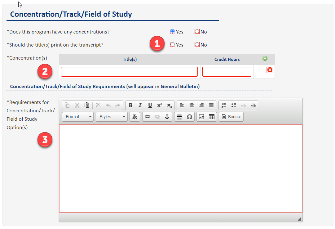 Screenshot of Concentration/Track/Field of Study area of new PAF with Yes checked to display subsequent questions. A red #1 is shown by the question "Should the title(s) print on the transcript?", a red #2 is shown by the form field for "Title(s) and Credit Hours", a red #3 is shown by the large text field for "Requirements for Concentration/Track/Field of Study Option(s)"