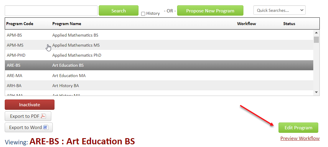 Screenshot of the Art Education BS PAF highlighted in the dashboard with a red arrow pointing to the green button labeled "Edit Program"