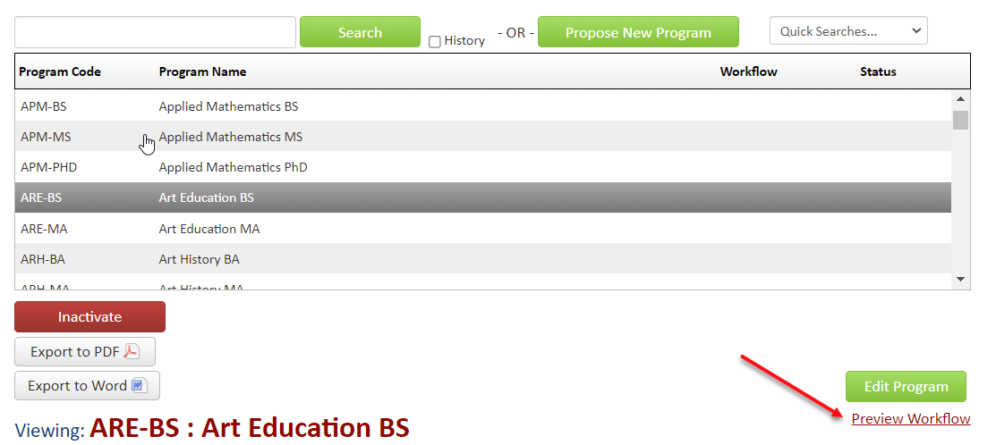 Screenshot of the Art Education BS PAF highlighted in the dashboard with a red arrow pointing to the red linked text reading "Preview Workflow"