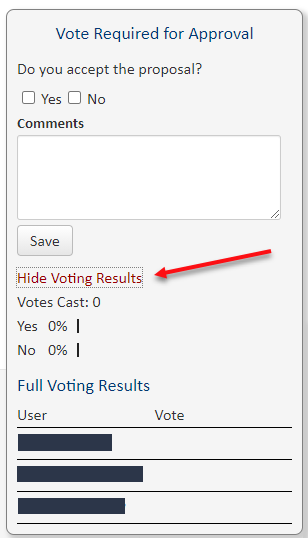 Screenshot of PAF voting pop-up box highlighting the "hide voting results" area.