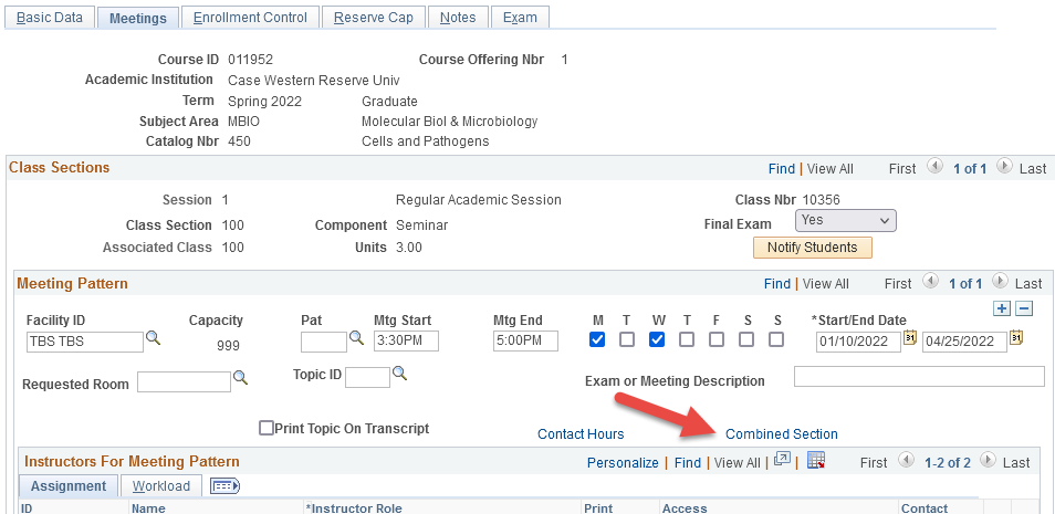 Screenshot of Maintain Schedule of Classes Meetings tab with red arrow indicating Combined Secion link.