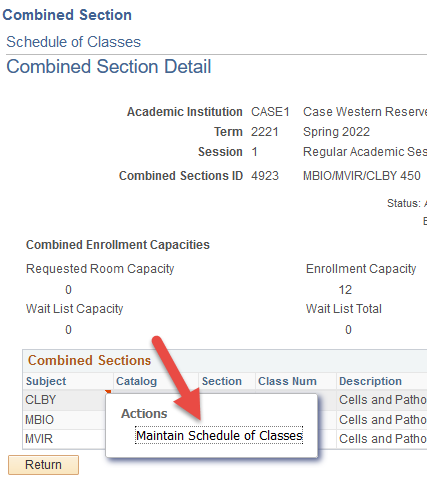 Screenshot of Maintain Schedule of Classes Combined Section Detail with red arrow indicating Maintain Schedule of Classes link.