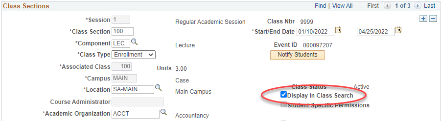 A screen shot of Maintain Schedule of Classes in SIS showing part of the Basic Data tab for a class section where the Display in Class Search checkbox is checked.