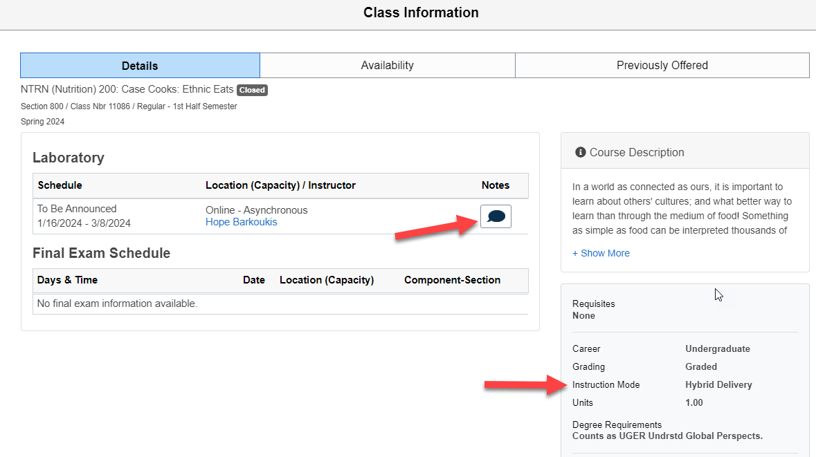 Image of Class Information in Class Search with arrows pointing to the location of Class Notes and Instruction Mode. 