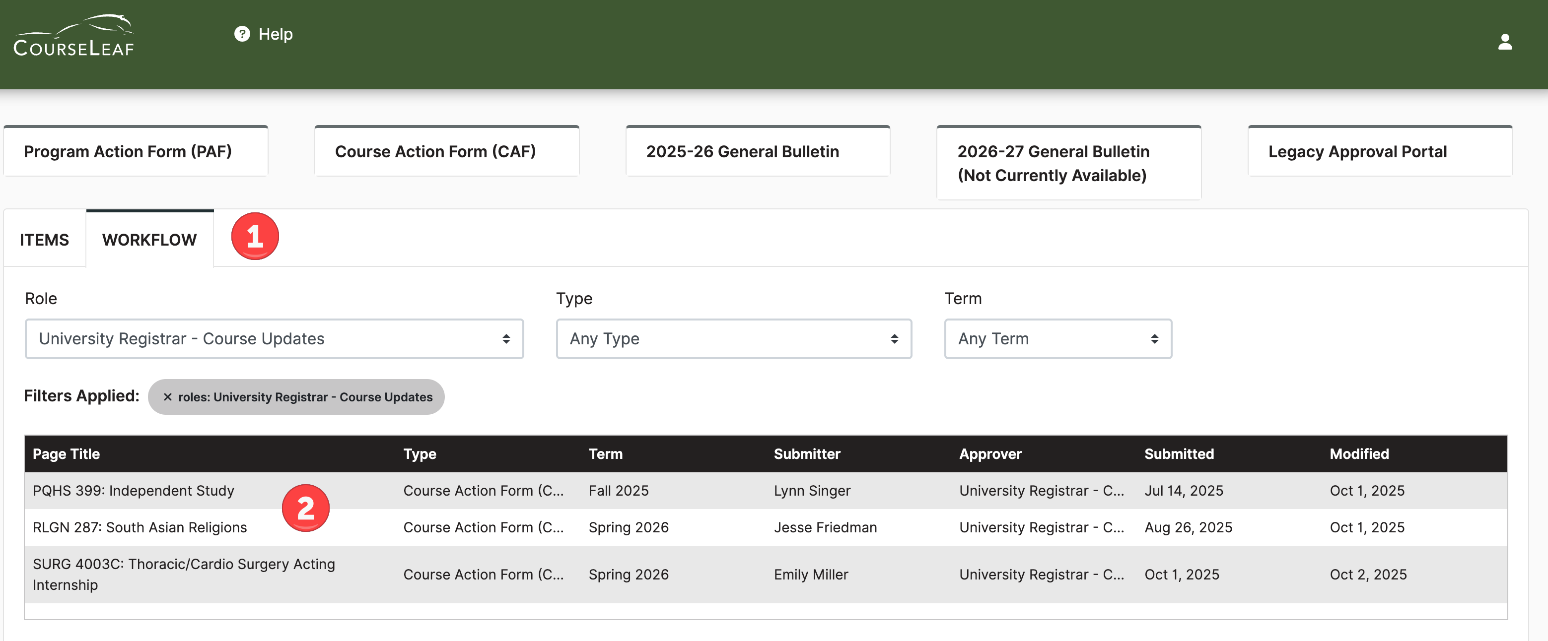 Screenshot of CourseLeaf Dashboard
