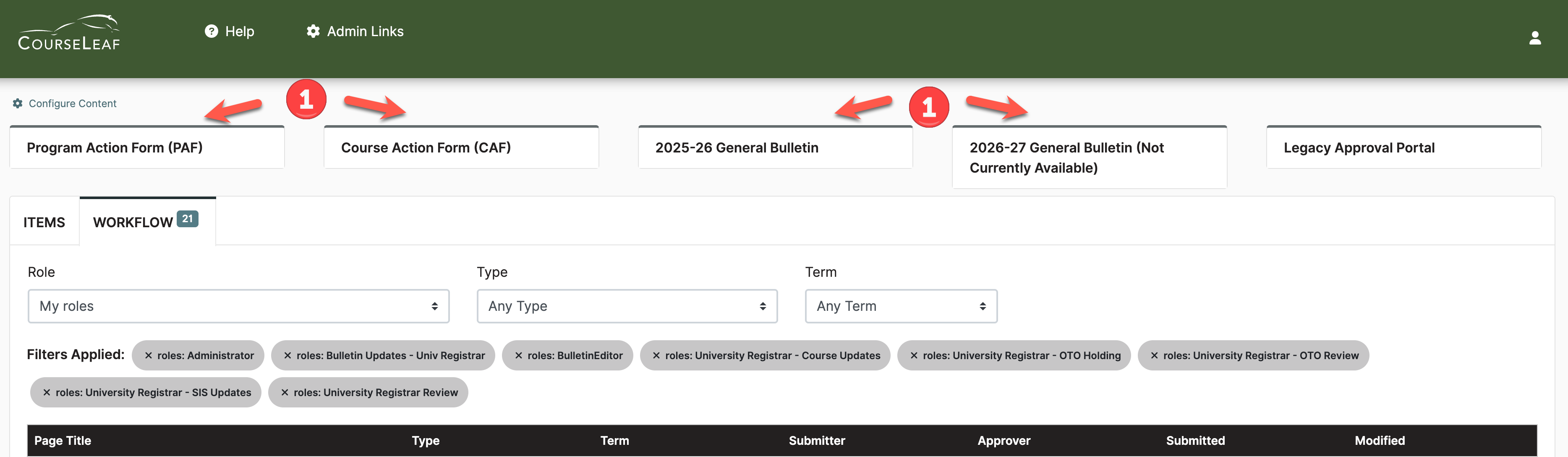 Screenshot of CourseLeaf Dashboard 
