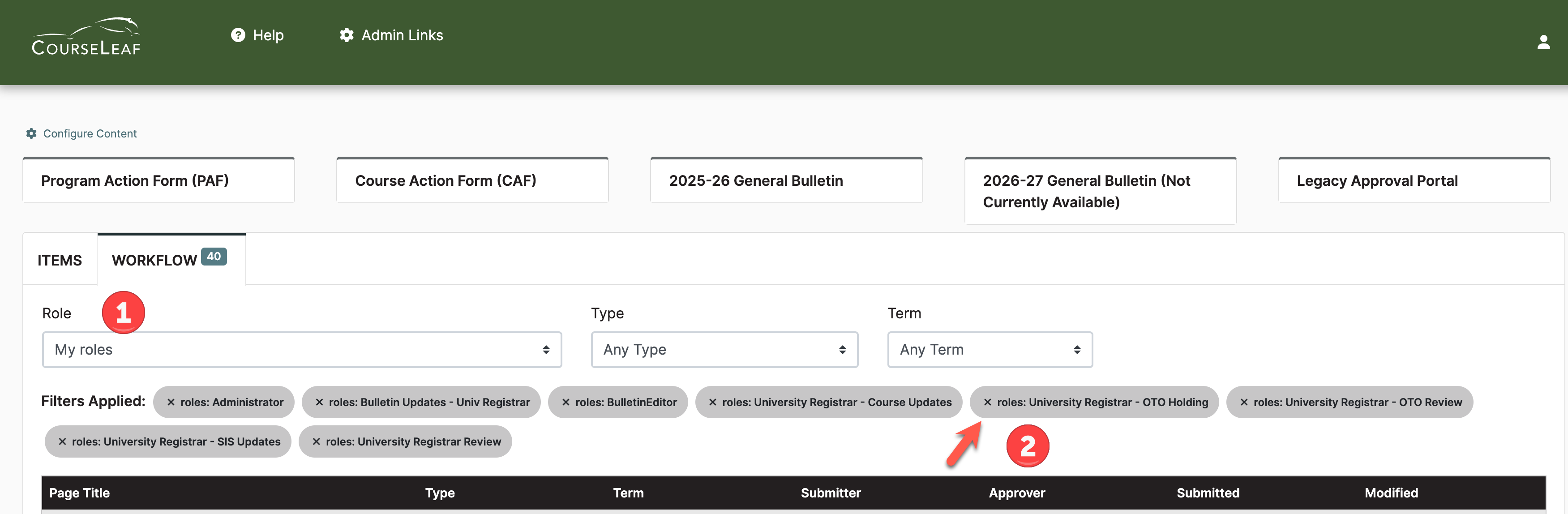 Screenshot of CourseLeaf Dashboard 