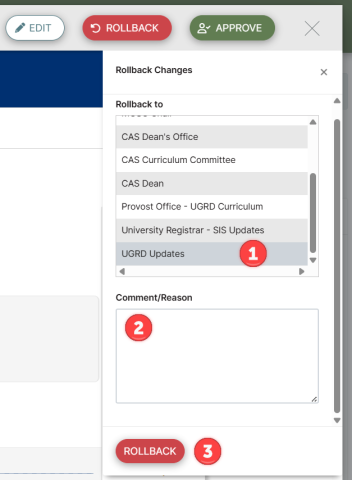 Screenshot of CourseLeaf Rollback Changes