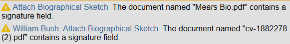 warning message that states: "Attach Biographical Sketch The document named "Mears Bio pdf" contains a signature field. William Bush: Attach Biographical Sketch The document named "cv-1882278 (2) pdf' contains a signature field.