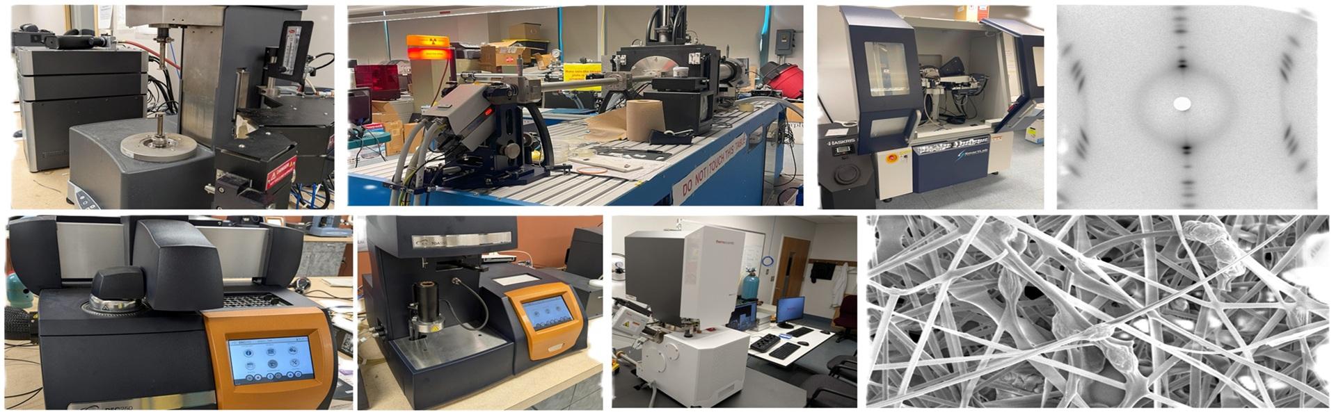 Collage of several photos of lab equipment and scientific images