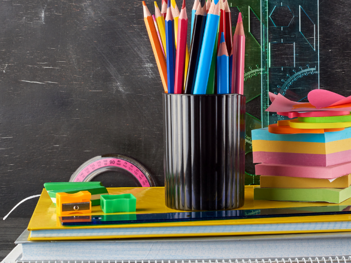 A picture of various school supplies