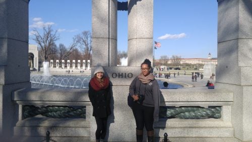 Two female Case Western Reserve students posed at the national mall