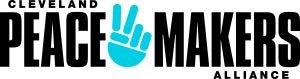 Logo that reads Peace Makers in black text with a blue hand holding the peace sign in the center