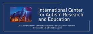 Logo that reads International Center for Autism Research and Education in white text with blue background