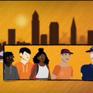 Digital image of Cleveland skyline with an inset image of a white police officer speaking to a group of racially mixed teenagers