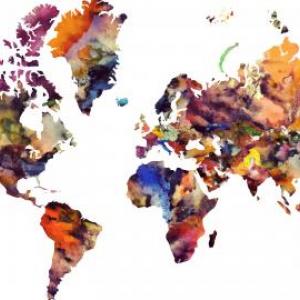 Watercolor image of the continents of the world, used as a logo for the conference