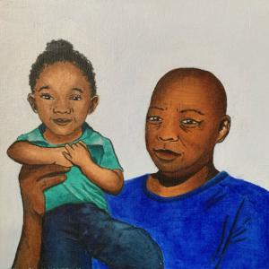 Painting of a Black man and his young son in his arms created by Zoe Nguyen 