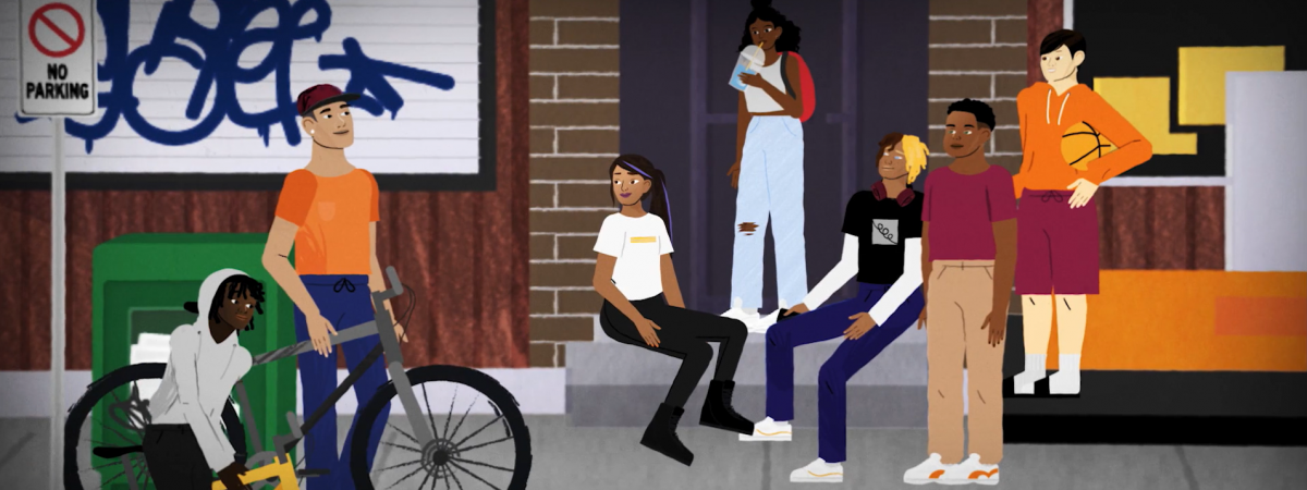 Animated video still of a group of teenagers of various races and ethnicities seated on the stoop of a brick building and standing with their bicycles