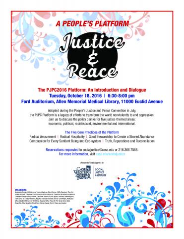 Flier for People's Platform: Justice and Peace Tuesday October 18th 6:30-8pm