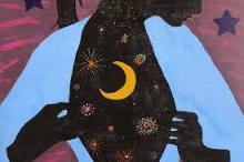 Artistic rendering of woman with moon and stars on her chest