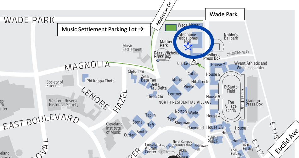 Map of Case Western. Parking is available off mistletoe and magnolia drives as well as Wade Park and other surrounding streets. 