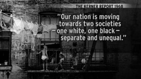 Black and white photo with quote from the Kerner Report about segregation