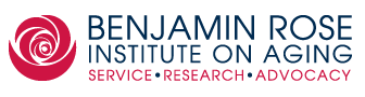 Image of logo of Benjamin Rose Institute on Aging in black letters, with red rose on left and words service, research, advocacy in red below with bullets between them