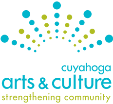 Image of logo of Cuyahoga Arts and Culture, with text in light blue with light green and light blue balls in arched pattern above, with caption strengthening community in light green below 