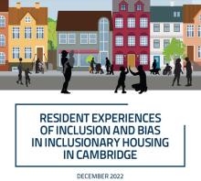 drawing of a row of house with people walking around, Words "Resident Experiences of Inclusion and Bias in Inclusionary Housing in Cambridge"