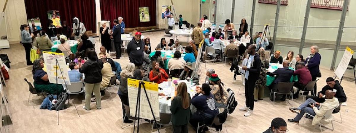 groups of people sitting at tables