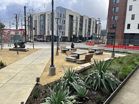 Scene of a courtyard area in an urban setting