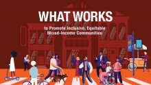 Drawing of people in crosswalk, words What Works to Promote Inclusive, Equitable Mixed-Income Communities