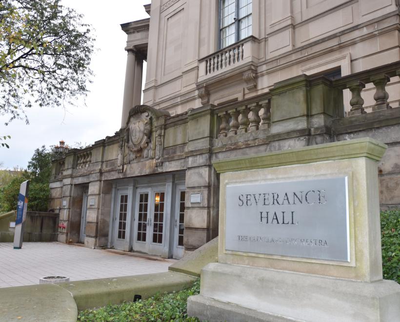 Exterior of Severance Hall off Euclid with sign